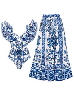 FLAXMAKER Ruffle Blue and White Porcelain Pattern Majolica Print One Piece Swimsuit and Skirt/Sarong Blue 5 Sw