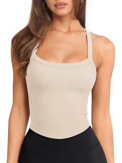 LASLULU Tank Tops for Women Scoop Neck Seamless Athletic Workout Yoga Tops Cute Cami Summer Casual Ribbed Crop