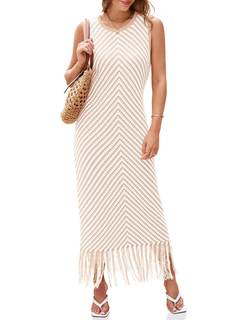Wenrine Womens Summer Crochet Knit Fringe Striped Sweater Tank Maxi Dresses | Sleeveless, Tassel Hem, Ribbed K