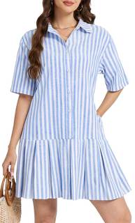 Ladyful Womens Summer Short Sleeve Striped Mini Dress Casual Loose Button Down Pleated Shirt Collar Dress with