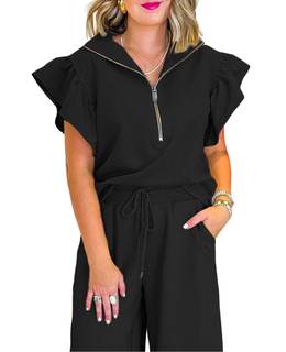 SELINK Two Piece Sets for Women Summer Outfits Ruffle Cap Sleeve Zip Top Wide Leg Pants Lounge Set Tracksuits