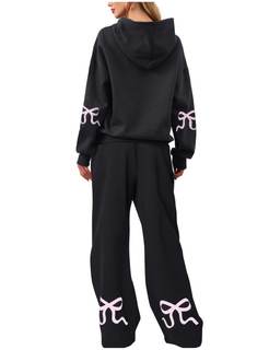 Livtany Women's 2 Piece Outfits Bow Trim Print Hoodie Sweatsuit Sets Oversized Sweatshirt Wide Leg Sweatpants 