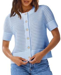Saodimallsu Womens Crochet Short Sleeve Cardigans Summer Beach Sweater Top | Lightweight Cardigan,Boho Style,B