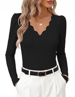 MEROKEETY Women's Fall Puff Long Sleeve Business Casual Work Tops | Scalloped V Neck, Work T-Shirt, Cute, Tren
