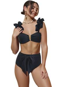 Women High Waisted Swimsuit Flounce Straps Bikini Tie Back Bathing Suit | Removable pads, soft material, fully