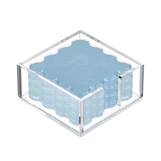 GRAHAM DESIGN Square Scalloped Acrylic Drink Coaster Set 4‑Pack with Square Holder (Light Blue)