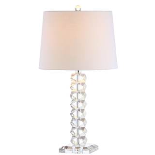 JONATHAN Y Julia Table Lamp 26" Faceted Crystal Modern Glam, Clear | White Linen Drum Shade, Chrome Metal Acce
