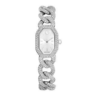 Dextera Chain & Crystal Watch, Interlocking Stainless Steel with Pave Crystal Bracelet Band, Octagon Shaped Ov