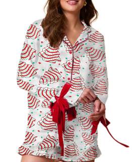 Faretumiya Women Cute Christmas Silk Pajama Bow Tie 2 Piece Xmas Print Pjs Long Sleeve Shirt Ruffle Shorts Set