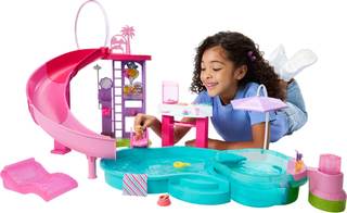 Barbie Dream Pool Playset with 6 Play Areas, Including Slide & Bubbling Hot Tub, Plus 20+ Accessories Like Pet