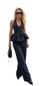 Two Piece Skirt Set for Women Retro Sleeveless Halter Top Long Trousers Polka Dot Matching Summer Outfit Casua
