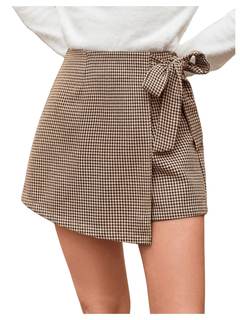 Floerns Women's Houndstooth Print Tie Front Skorts Asymmetrical Hem High Waist Skirt Shorts Medium Khaki