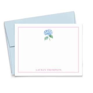 Personalized Hydrangea Stationery Cards And Envelopes Set, FLAT Watercolor Flower Cards With Name, Blue Hydran