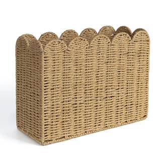 AELS Woven Natural Fibre Magazine Holder, Scalloped Edge Floor Magazine Rack, Hand-woven Organizer, Boho Moder