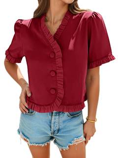 Tankaneo Womens Cropped Short Puff Sleeve Butoon Down Blouse | Summer, Ruffle V Neck, Dressy Casual Work Tops 