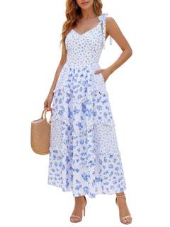 Women Floral Maxi Dress Tie Shoulder Ruffled Smocked Boho Sundress | Tiered Ruffled V-Neck Dress for Summer Be