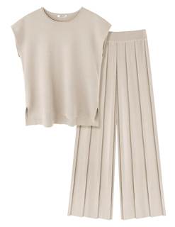 Ekouaer Lounge Sets for Women Two Piece Outfits Knit Cap Sleeve Tops Wide Leg Pleated Pants Casual Dressy Swea