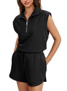 Panadila Womens 2 Piece Short Set Summer Quarter Zip Top and Shorts | Cap Sleeve Top with Drawstring Pocket Sh