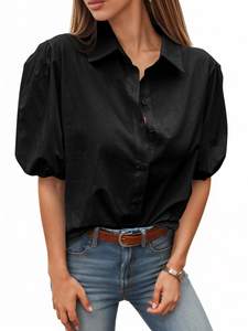 Tankaneo Womens Button Down Shirts Puff Sleeve Tops Summer Cotton Blouses | Loose Fit, Boxy, Dressy Casual, Co
