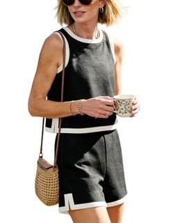 Gozoloma Women's 2 Piece Outfit Crewneck Sleeveless Color Block Cropped Tank and Shorts Set with Pockets Summe