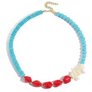 HETICA Beaded Necklace for Women, Boho Turquoise Bead Necklace with Shell Accents, Adjustable Beach Vacation J