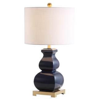 JONATHAN Y Vienna 25.5" Ceramic Metal Footed Vase Table Lamp, Navy/Gold | White Linen Drum Shade, Navy Blue Ni