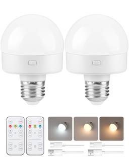 Rechargeable Light Bulbs with Remote Control 2 Packs, Battery Operated Light Bulbs with Timer & 3 Color Temper