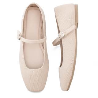 Soesyi Knit Flats for Women Square Toe Flats Casual Ballet Flats with Ankle Strap,Mary Jane Shoes Women Comfor