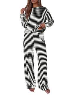 BTFBM Striped Lounge Set Sweatsuits Women 2 Piece Outfit | Womens Pajama Sets, Crew Neck Sweatshirt and Wide L