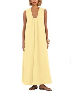 OLAPTA Women Summer Sleeveless Maxi Dress Scoop Neck Ruched Loose Fit Casual Elegant Solid Vacation Long Dress