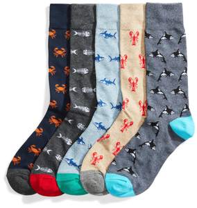 Amazon Essentials Men's Comfortable Patterned Dress Crew Socks, 5 Pairs Shoe Size: 8 - 12 Assorted Sea Life