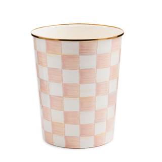 MACKENZIE-CHILDS Waste Bin, Pink-and-White Rosy Check | Hand-painted design, made from enameled steel, decorat