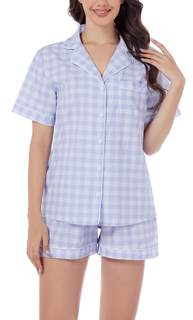 LUBOT 100% Cotton Pajamas for Women 2 Piece PJ Set Poplin Woven Lightweight Ladies Button Short Sleeve Sleepwe