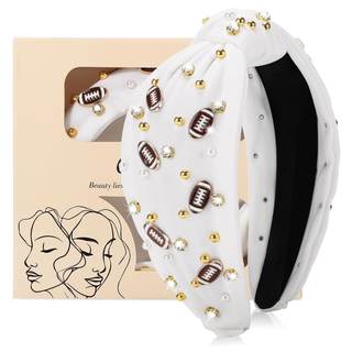 obeoby Football Knotted Headband For Women, Pearl Rhinestone, White | Polyester Fabric, Elastic Inner Band, Co