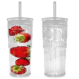 Bandesun All Glass Iced Coffee Cup With Lids and Straws，24 OZ High Borosilicate Glass Tumbler for Water Smooth