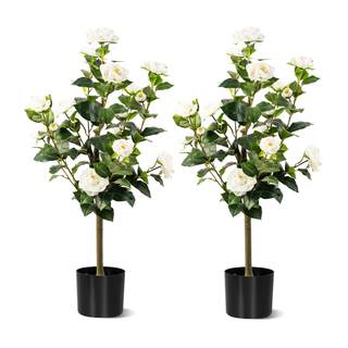 3FT Artificial Camellia Tree 2 Pack, Artificial Plants Outdoor Faux Floral Plant in Cement Pot Fake Silk Camel