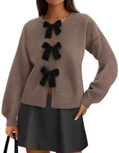 PRETTYGARDEN Women's Fall Bow Tie Front Cardigan Sweaters | Long Sleeve, Drop Shoulder, Cozy Soft Knit, Crew N
