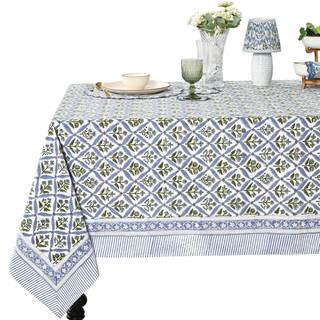 Ridhi Light Steel Blue Hand Block Print Cotton Rectangle Tablecloth 90 x 60 inch-Reusable Table Cover Decorati
