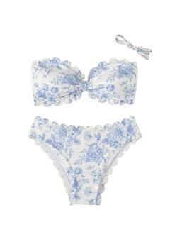 SHENHE Women's 2 Piece Bandeau Bikini Sets Floral Print Scalloped Boho Strapless Swimsuits Medium Blue and Whi