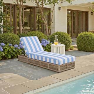 SAFAVIEH Outdoor - Gillian Chaise Lounge Chair - Heather Tan & Baby Blue Stripe - Steel and Woven Rope - Adjus