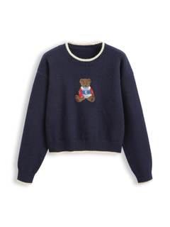 CIDER Women's Fall Sweaters Long Sleeve Bear Graphic Cute Sweaters | Crewneck Color Block Knit Pullover, Fall 
