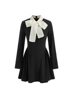 CIDER Long Sleeve Bow Knotted Elegant Dress Women's A-Line Casual Dresses with Pockets Small Black