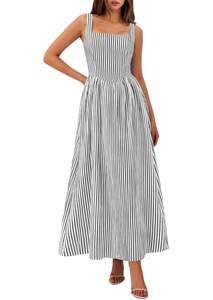 PRETTYGARDEN Women's Maxi Dress Summer Striped Sundress | Sleeveless Square Neck, Long Flowy A Line, Smocked B