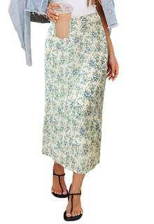 HERBATOMIA Women’s Floral Print Midi Skirt Casual High Elastic Waist Zipper Vintage Long Boho Skirts for Women