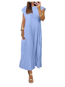 GORGLITTER Women's Pleated Maxi Dresses Church Casual Wedding Guest Outfits | Flowy Chiffon Dress, Summer Casu