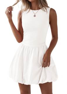 KIRUNDO Summer Dresses for Women 2026 Cute Mini Sleeveless Bubble Dress | Stretchy Ruched Front Cinched Waist,