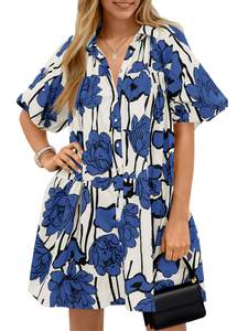 Wenrine Women's Summer Button Down Shirt Dress Floral Puff Short Sleeve | Mini,Casual, Loose Fit, Beach, Boho 