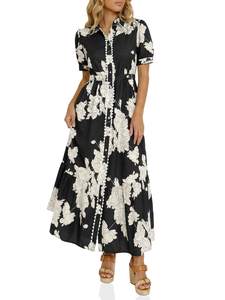 Wenrine Womens Maxi Shirt Dress Floral Short Sleeve Button Summer Dresses | Short Sleeve, Collared, Button Dow
