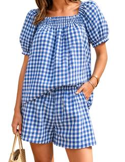 Yeokou Women Plaid 2 Piece Summer Casual Puff Sleeve Smocked Babydoll Shirt Wide Leg Shorts Matching Lounge Se