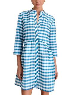 Shiyifa Womens Summer Gingham Empire Waist Dresses V-Neck 3/4 Sleeve Midi Dress Sundress with Pockets Blue Sma